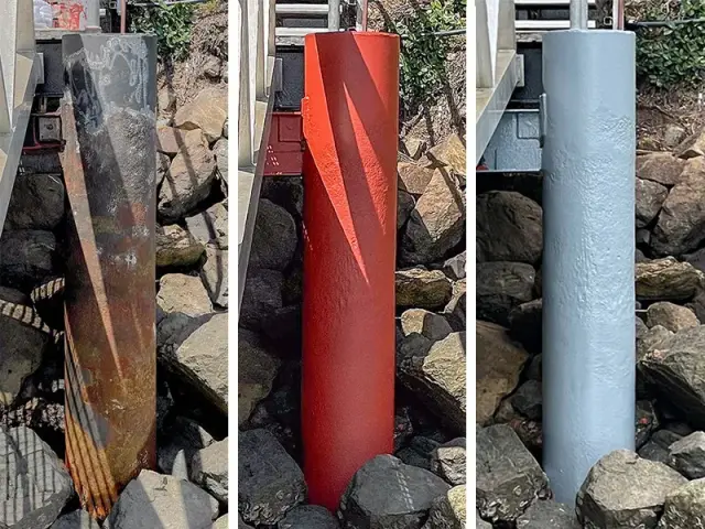 Pier pylon before and after corrosion protection with NanoPrep and Belzona